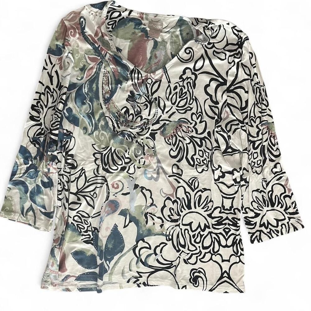 Floral Chico’s sheer blouse with 3/4 sleeves